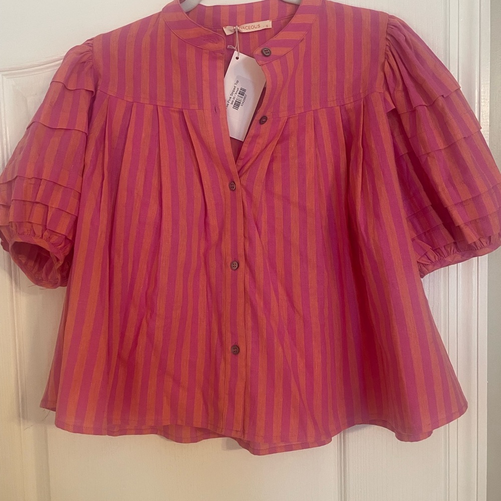 Olivaceous Pink and Orange Boxy Blouse with Mandarin Collar